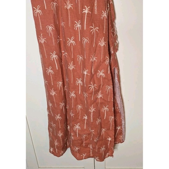 Marine Layer Hemp Burnt‎ Orange Short Sleeve Palm Tree Midi Wrap Dress Small - Picture 2 of 14